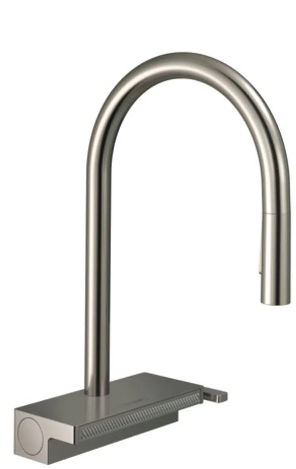 Hansgrohe Spültischmischer in edelstahl-optik mit ausgezogenem Hahn und drei Strahlarten, montiert auf einer rechteckigen Basis.